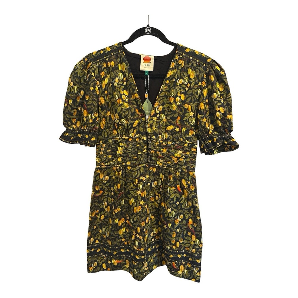 FARM Rio Star Fruit Linen Mini dress vibrant fruit pattern distinctive ruffled S - Picture 2 of 10